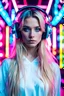 Placeholder: Kodak Vision 2383, full body shot of a mystic cyber woman named Lisa Lou, with blond long hair and long model lags, wearing high-tech headphones and a white shirt, The background unfocused pinkish Neon Signs lights, with her "beautiful big blue eyes" she looks directly into the camera, detailed natural skin, retrofuturism, future tech, dramatic cinematic lighting, RAW photo, high detailed Natural skin, film grain, cyberpunk neon look, camera f1.6 lens, rich colors,