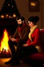 Placeholder: Fire place Christmas scene, dark haired couple, man with short black beard, blue eyes, sketch