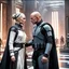 Placeholder: a bold and heroic bald male Corellian pilot in black and grey First Order special forces gear meets a female Jedi Master in ancient, mystical temple, hyperdetailed, dynamic lighting, hyperdetailed background, 8k resolution, volumetric lighting, light skin, fully symmetric details