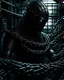 Placeholder: Dark fantasy scifi cage alien made of chains holding long chains