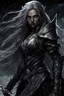 Placeholder: SA female elf with skin the color of storm clouds, deep grey, stands ready for battle. Her long black hair flows behind her like a shadow, while her eyes gleam with a fierce silver light. Despite the grim set of her mouth, there's a undeniable beauty in her fierce countenance. She's been in a fight, evidenced by the ragged state of her leather armor and the red cape that's seen better days, edges frayed and torn. In her hands, she grips two daggers, add dark shadow mystic purple flames