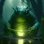 Placeholder: swamp brown toad lizard man belt green light orb, belt green light, weapon light staff, marshy sparsely wooded area 4k