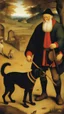 Placeholder: Pieter Bruegel painting style for an old man with his dog