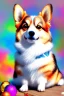 Placeholder: Cute, fluffy, happy looking small Corgi dog sitting next to it, colorful, summer time, birthday, festive atmosphere, detailed, congratulating