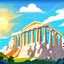 Placeholder: mount olympus from the greek mythology. view from below. temples high up on the mountain. Illustration. Cloudy. Sun behind the temple of Zeus.