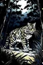 Placeholder: chat sauvage au pelage tigré avec des pattes blanches la nuit dans la forêt, manga