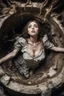 Placeholder: Closeup Girl siren with big eyes, fullbody, ragged clothes, extended like roots, the perspective looking up from the bottom of an empty well ,8k,macro photography,