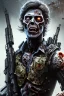 Placeholder: close-up ultra detailed and real looking image, 12k ultra high definition, sexy and cool looking zombie with human features, wild hair, he is a policeman, wearing a police uniform with bullet holes, epic action shot view of him storming towards camera with bazooka in hand, explosive and chaotic background, epic good looking zombie