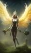 Placeholder: Female angel with beautiful perfect face big wings and golden crown floating above the ground in the dark enviroment, anatomically correct, michelangelo style, detailed, world of warcraft style, dark forest, trees, painting, brush strokes, 8k, dark forest in the background, epic scene, epic painting