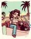 Placeholder: Consuela Mexican woman in a tank-top and jeans, illustrated in a RAT Fink Ed Roth's monsters Style driving a convertible car, big head with small body, cholla with face tattoo, cartoon kissy lips, rat fink t-shirt composition, 2 color silkscreen