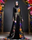 Placeholder: Full body Digital Photography art ,islamic fashion show cat walk gorgeous super model very beautiful woman iranian hijab ,dressing black luxury design colorful clothes gown made of flowers ,full of various kinds of flowers,digital photo sharp colors