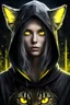 Placeholder: woman with glowing yellow cat eyes, wearing dark hoodie, very detailed, sharp focus, random background, fantasy, stunning