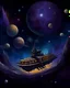 Placeholder: A dark purple space station in a galaxy filled with planets painted by Vincent van Gogh