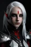 Placeholder: a beautiful female dark elf rogue with white hair, with albino skin and red eyes with silver round earings allover right ear, waering white linen shirt and black light leather armor
