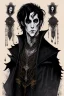 Placeholder: black haired young man necromancer wizard with gothic jewelry in the style of clive barker