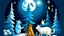 Placeholder: fantasy cartoon illustration: a reindeer, a polar bear, a rabbit are decorating a Christmas tree, beneath a full moon