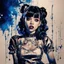 Placeholder: Poster in two gradually, a one side the Singer Melanie Martinez face, full body, sit pose, painting by Yoji Shinkawa, darkblue and sepia tones,sinister, detailed iridescent, metallic, translucent, dramatic lighting, hyper futuristic, digital art, shot with Sony Alpha a9 Il and Sony FE 200-600mm f/5.6-6.3 G OSS lens, natural light, hyper realistic photograph, ultra detailed -ar 3:2 -q 2 -s 750,malevolent goth vampire girl face and other side