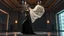 Placeholder: A full-body cinematic photograph of a graceful Azerbaijani woman dance pose. She wears an intricately embroidered velvet bodice and a flowing long silk skirt. On her head is a small ornate traditional crown with a long, translucent white lace veil flowing elegantly behind her. She stands in a poised, elegant dance pose on a sleek modern performance stage with dramatic professional spotlighting. The stage is set inside a massive opulent luxury hall with modern decoration