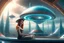 Placeholder: beautiful woman inside flying saucer with clear dome top over future alien city