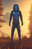 Placeholder: running alien portrait , black jogging suite , in the sunset Alps, golden light , holding leaves and flowers , angels background, volumetric light, high detail, dark leaf tree, dark mountains in background, perfect