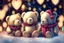 Placeholder: cute teddy bears holding hearts covered in sparkling gold glitter, beautiful winter composition, snowflakes, pine branches, Christmas ornaments and glowing Christmas lights