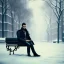 Placeholder: man sitting on a park bench wearing a trench coat, streets of new york covered in snow, dramatic, dramatic lighting, volumetric lighting, hyperrealism, 8k, high quality, photorealistic, lot of details