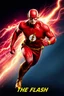 Placeholder: 1/4 side view, looking at the viewer, Movie Poster - "THE FLASH" - A massive, thick, extremely muscular, 7'8" tall man, ((skintight, formfitting, long-sleeved, red spandex bodysuit:1.5)), ((gold knee-high boots:1.5)), ((gold wrist gauntlets, red fingerless gloves, gold, double holstered utility belt:1.5)), ((skintight, formfitting, red spandex helmet with red eye disguise,:1.5)), Running in the speedforce, multicolored lightning emanating from his body, an overly exaggerated muscular stature
