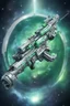 Placeholder: ad for futuristic spacerifle, AR15 style, one trigger, one barrel, photorealistic, intricate design, heroic, fun, silver, neongreen, neonblue, space background with planet