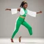 Placeholder: A surprised Niger sublime dancer woman, 24-years-old wearing a white and green one-piece swimsuit , she executes the crane movement of karate kid: two hands up and a foot ready to strike
