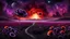 Placeholder: black poppy seed , purple poppy flower in the bloody sunset, on alien land, weird, surreal, complementer colors, fog, shadows, dead world, high detailed, far above on the dark sky is nebula, weird, surreal style, splash art