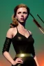 Placeholder: retro portrait image from 1960, explosion background, wind, long hair, young Scarlett Johansson, classic black tight lycra suit, metal stick weapon, gold bracelet and belt, high heel boots, soft color, highly detailed, unreal engine 5, ray tracing, RTX, lumen lighting, ultra detail, volumetric lighting, 3d, finely drawn, high definition, high resolution.