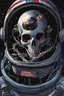 Placeholder: A close up of a skeleton face looking shocked, in an astronaut helmet and suit floating in space. inside the hollow eyes are red shining lights, scary. On his suit is an American flag and in his one hand is a small wavering American flag, on it is written "boned in the USA". From the back of his suit is blowing out blue, white and red smoke. Realistic, 8k, highly detailed, funny