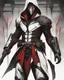 Placeholder: Tintoretto style illustration. Whole body. Masterpiece of a hooded Cyborg assassin, his eyes are intense. Red, white and black colors, (((full body)))