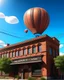 Placeholder: A photorealistic picture of a hot air balloon flying over the building shown in the picture