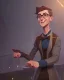 Placeholder: tall young man witbh square glasses, brown hair and grey eyes. He wears blue shirt, dark tails, bow tie and colorful chimney pot hat. He is dancing and laughing.