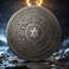 Placeholder: a silver coin called a moon standing on edge. a silver moon in the middle. ancient viking runes. flat coin. show one whole coin front on at a distance. fantasy concept art, exquisite realism, a masterpiece, dynamic lighting, hyper detailed, intricately detailed, deep color, Unreal Engine, volumetric lighting , Epic cinematic brilliant stunning intricate meticulously detailed dramatic atmospheric maximal,