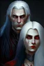 Placeholder: A couple, from the dnd game curse of Strahd. The woman is beautiful, has long white hair and blue eyes, the man has LONG BLACK hair and red eyes, no facial hair.