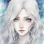 Placeholder: a close-up headshot of a young woman with long white hair, silver eyes, pale skin, skinny, sickly, shy, anime style, intricately detailed, colored sketchy manga style, splotchy watercolor background