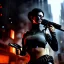 Placeholder: portrait,beautiful female Cyborg, Holding a Gun aiming at viewer, intense stare, sad eyes, post-apocalyptic in a cyberpunk city, realistic, intriacte detail, sci-fi fantasy style, volumetric lighting, particles, highly detailed ,cinamatic , deep colours,8k, by Caravaggio