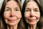 Placeholder: A selfie of a brunette woman, middle long hair, showing a 59-year-old European woman. She has brown hair, face without makeup, cute nose, detailed full lips, skin texture. Split screen and show on the right side the same face but without wrinkels and 20 years younger and more beautiful