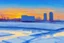 Placeholder: Sunset, winter, Futuristic buildings in the ice, impressionism painting