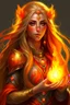 Placeholder: Female eladrin druid with fire abilities. Fire textured long golden hair. Tanned skin. Big red eyes with touch of fire .