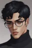 Placeholder: Short black hair, light skin, black skin tight turtle neck clothing, black round glasses, earrings, grey eyes, black eye shadow, round face, man