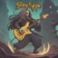 Placeholder: slay the spire with metal guitarist with long hair waving aggresivily card game