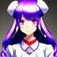 Placeholder: A tall beautiful anime teenage girl with short lilac-colored hair and violet eyes and a big chest. She wears the standard female school uniform, with her accessories being a black beret on her head with a gray ribbon connected to it and a white pair of stockings with garter belts.