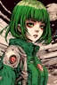 Placeholder: 90s anime sci fi green hair space Captain girl blood on face scared, rattled and shook, violent atmosphere, retro manga style, hyper detailed, Japanese horror, junji ito,