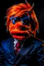 Placeholder: a Film Photograph of a realistic angry orange Donald Trump Muppet made of felt and fur wearing a dark blue suit and red tie and with combover