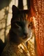 Placeholder: a photo of a 3 cats with caustics shadows reflected on its face, polygon shape shadows on her coat, an example of saul leiter's work, sun - rays beams, projection mapping, their faces covered with shadows reflected from hiding behind polygon lace curtains.