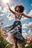 Placeholder: The camera zooms in, focusing sharply on very beautiful black girl with make up Lily wearing pretty dress as she dances gracefully in the same romantic environment with flowers and sky with nice clouds. Her joy and youth are presented against the backdrop of the surreal surroundings.