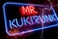 Placeholder: a very big blue whita neon sign that say "MR. KUKRUNK" , black background, flashes and sparks, thunder and lightning